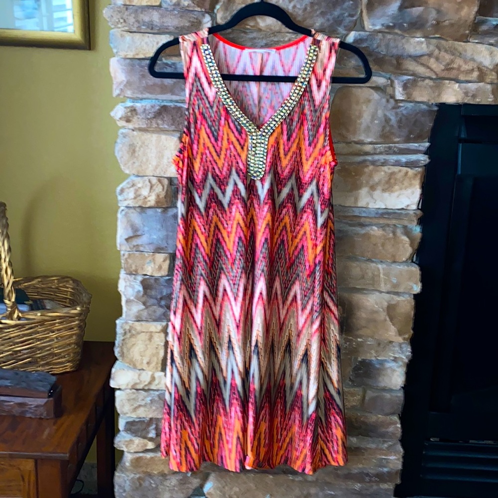 Sleeveless sundress orange/pink/tan Studio One New York Size small